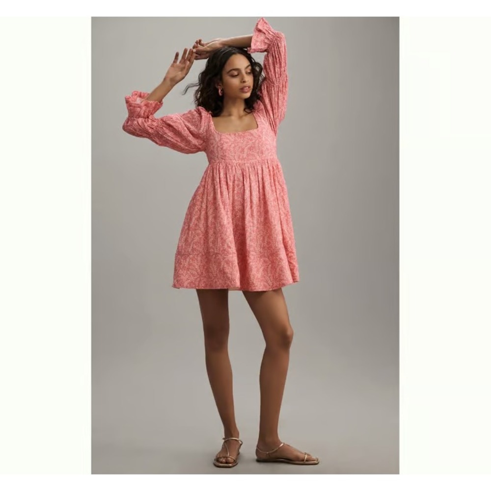 Anthropologie Pilcro Pink Paisley Babydoll Mini Dress S Square Neck Puff Sleeve